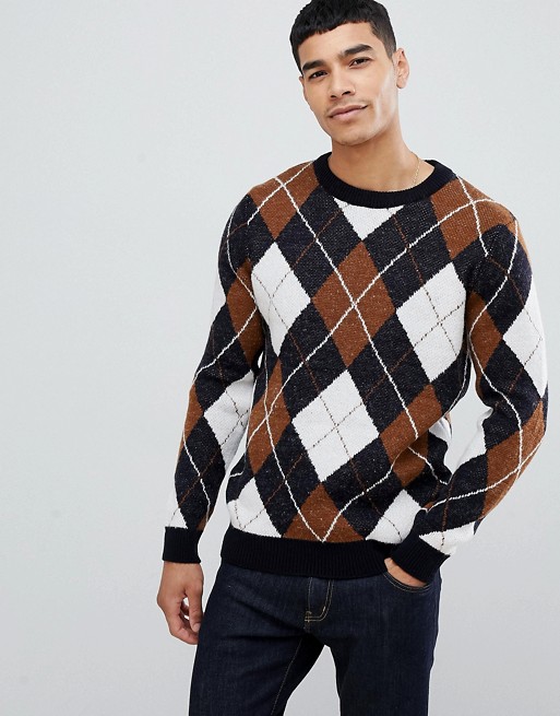 New Look argyle sweater with crew neck in navy | AS