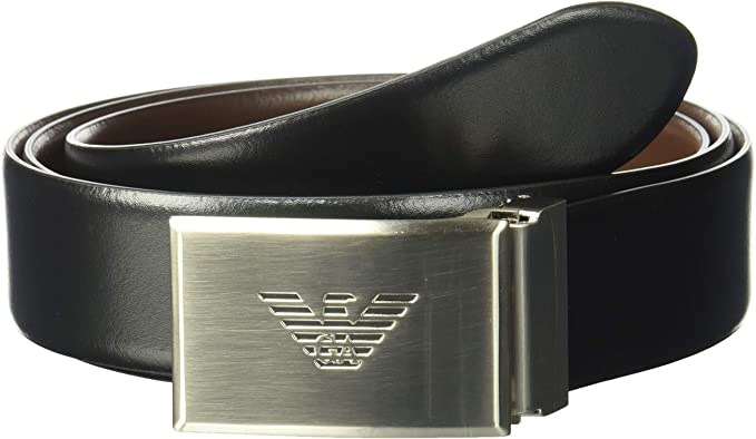Emporio Armani Men's Smooth Leather Plate Belt, brown, ONE SIZE .