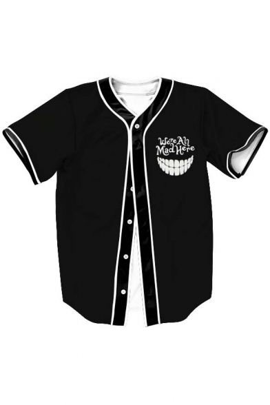 Letter Mouth Printed Short Sleeve Buttons Down Baseball Tee .