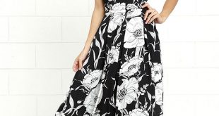 Lovely Black Floral Print Dress - Maxi Dress - Black and White .