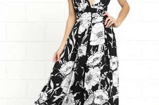 Lovely Black Floral Print Dress - Maxi Dress - Black and White .