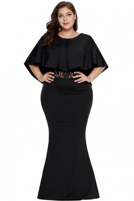 Black Cape Overlay Plus Size Maxi Dress mb611053-2 – ModeShe.c