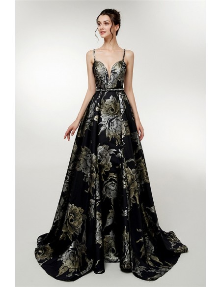 Beautiful Floral Printed Black Evening Gown With Spaghetti Straps .