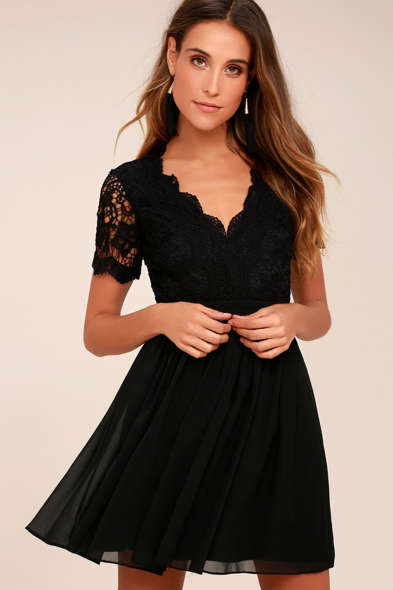 Lovely Black Lace Dress - Lace Skater Dress - L