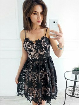 Spaghetti Square Lace Black Short Formal Dress, | PrettyLa