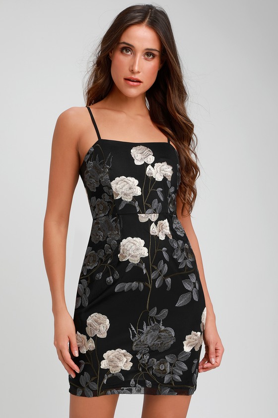 Sexy Black Dress - Floral Embroidered Bodycon Dress - Mini Dre