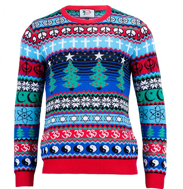 Multicutural Christmas jumper that represents 4 religions on sale .