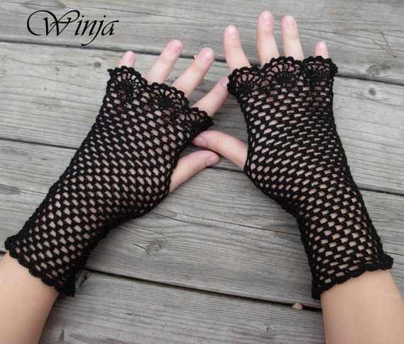 Crochet fingerless gloves, cotton black fingerless gloves, lace .