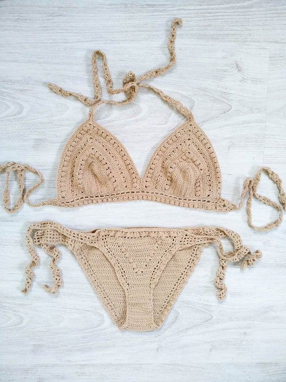 Beige crochet bikini set knitted swimsuit nude swimwear womens | Et