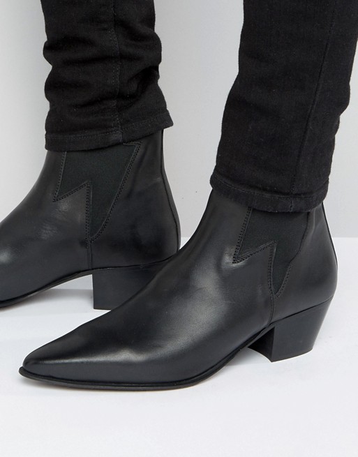 ASOS DESIGN cuban heel western boots in black leather with .