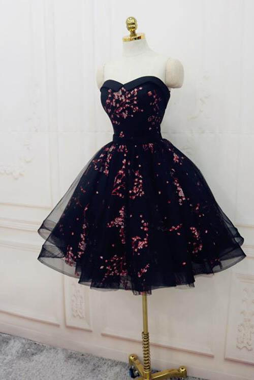 Black Cute Sweetheart Tulle Formal Dresses, Puffy Strapless .