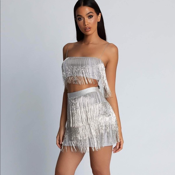 Meshki Skirts | Silver Beaded Fringe Skirt And Crop Top | Poshma