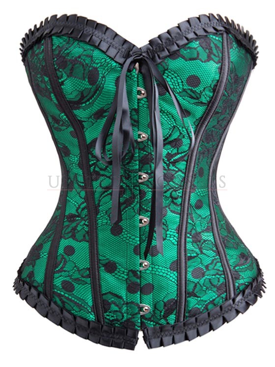 Lace Overlay Polka Dot Green Overbust Corset with Ruffle Tr