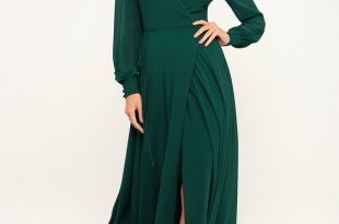 Glam Green Dress - Maxi Dress - Wrap Dress - Long Sleeve Dre
