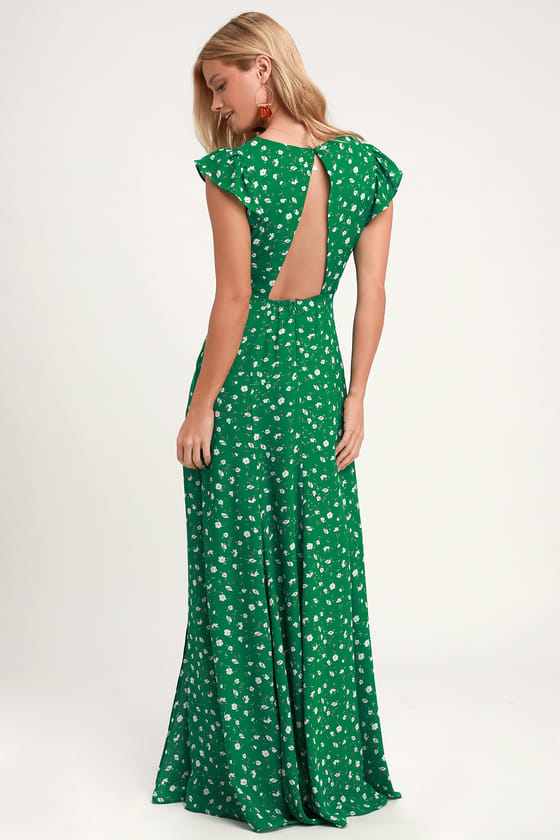 Lovely Green Floral Print Dress - Backless Maxi Dress - Ma