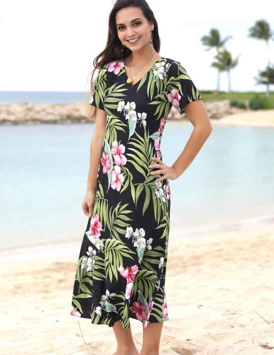 Nalani Long Rayon Hawaiian Dress Maxi V-Neck Tea Length: Shaka .