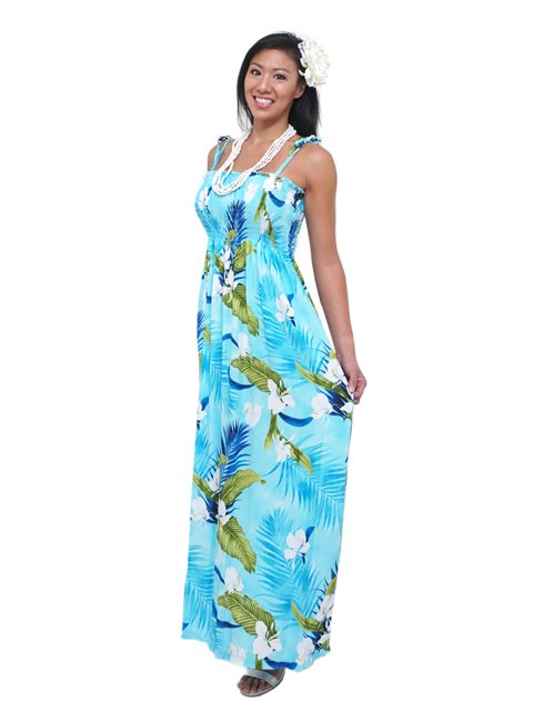 Two Palms Ginger Blue Rayon Hawaiian Summer Maxi Dress | AlohaOutl