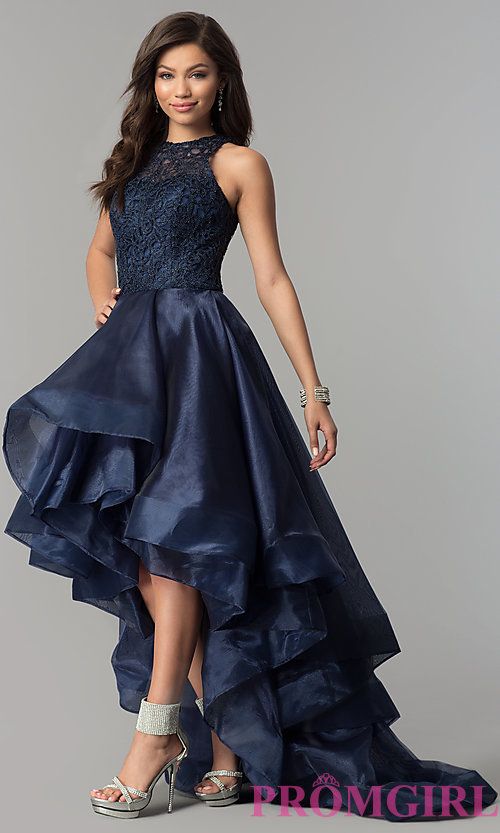 High-Low Navy Organza Prom Dress with Lace Bodice in 2020 | High .