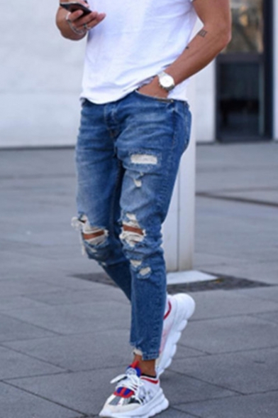 Street Trendy Cool Knee Cut Blue Slim Distressed Ripped Jeans for .