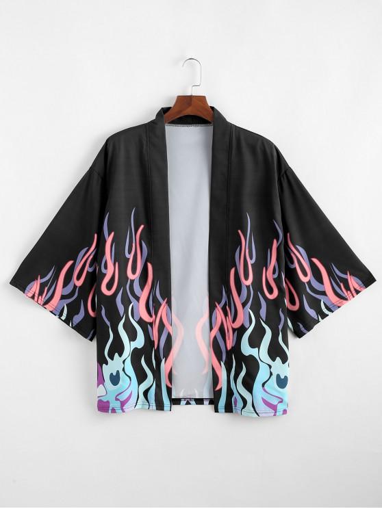 58% OFF] 2020 Flame Print Open Front Kimono Cardigan In BLACK .