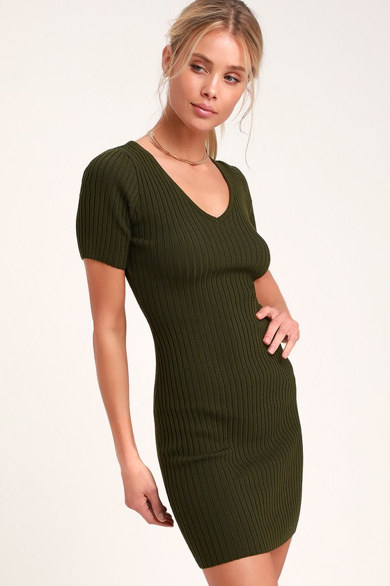 Chic Olive Green Dress - Ribbed Knit Dress - Ribbed Bodycon Dre
