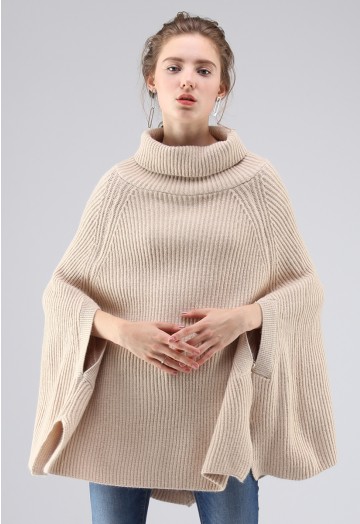 Fashionable Folk Ribbed Knit Cape Sweater in Sand - Retro, Indie .