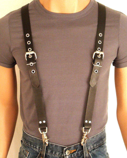 Leather Biker Suspenders Buckles Rivets Black Gay Fancy Braces .