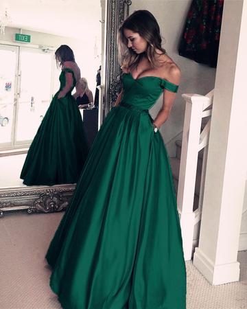 Dark Green Satin V-neck Prom Long Dresses Off Shoulder Evening .