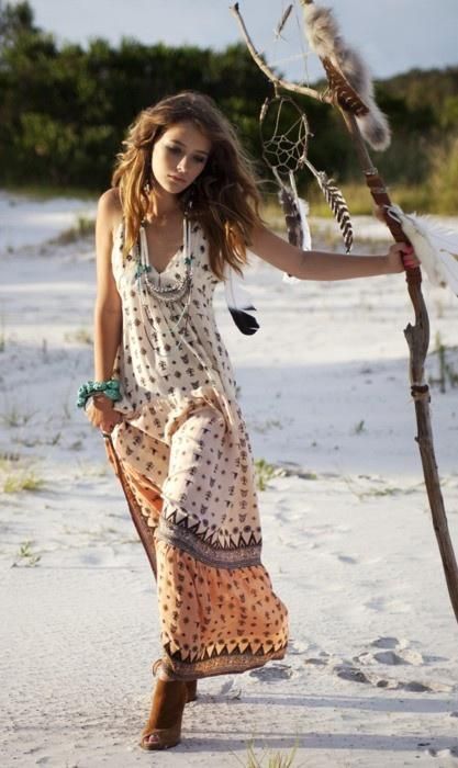 Boho chic style, modern hippie fashion, flowing print dress at the .