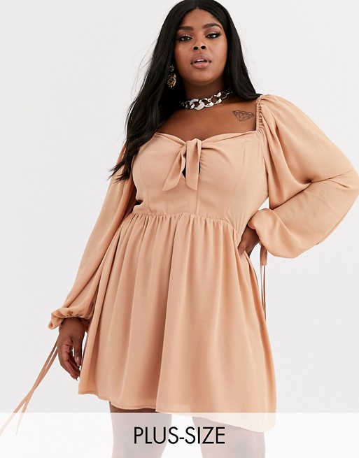 Missguided Plus square neck puff sleeve mini dress in peach | AS