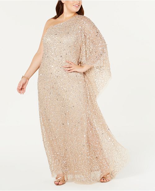Adrianna Papell Plus Size One-Shoulder Sequin Evening Gown .
