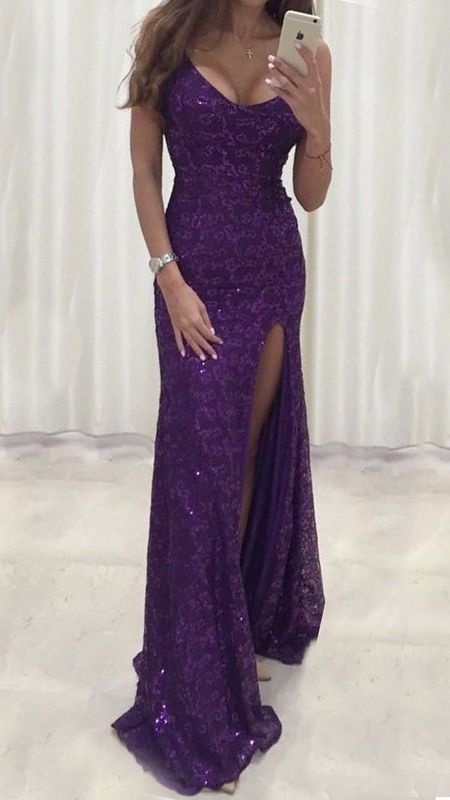 Mermaid Scoop Floor-Length Purple Lace Prom Dress with Sequins .