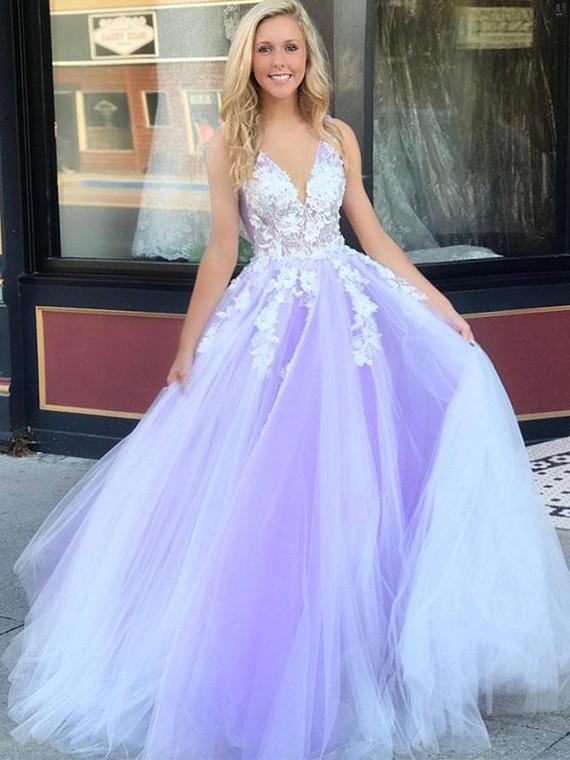 Buy Charming A Line V Neck Light Purple Long Prom Dresses with .