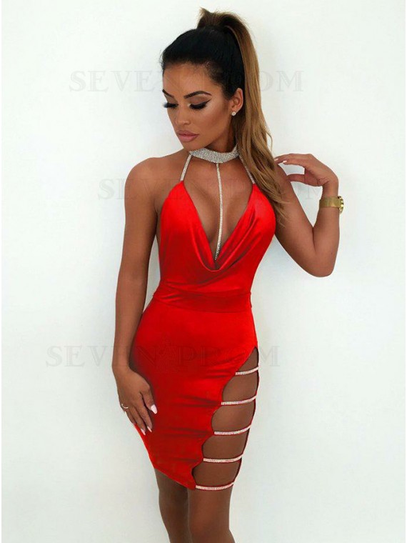 Buy Sheath Halter Backless Red Short Cocktail Dress with Sequins .