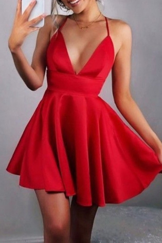 Short Sexy Red Satin Halter Neck Cocktail Dress