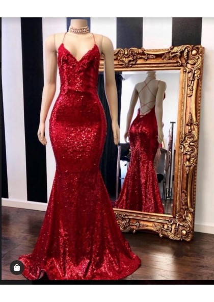 2020 Sexy Halter Sequins Red Mermaid Prom Dress