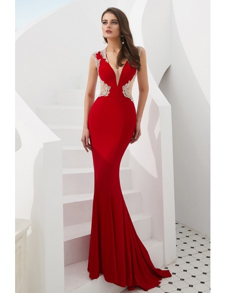 Mermaid Tight Red V Neck Prom Dress With Beading Sheer Back .