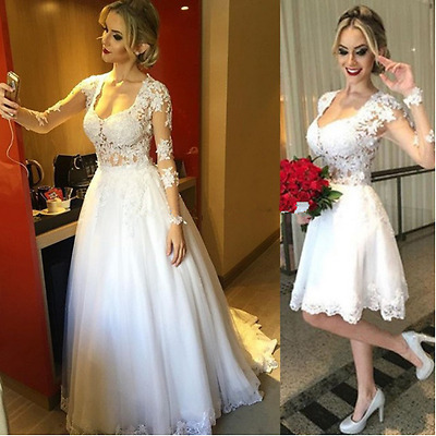 Two Dresses in One Short Wedding Dress with Detachable Skirt Lace .