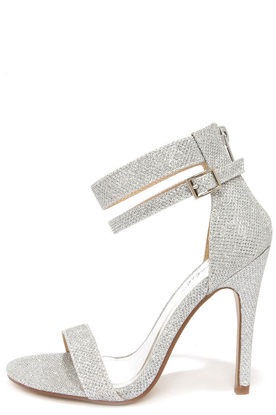 Pretty Glitter Heels - Silver Heels - Ankle Strap Heels - $29.
