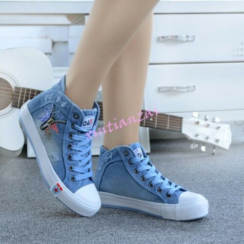Womens Cute Girls Lace Up Denim Canvas High Tope Fashion Shoes .