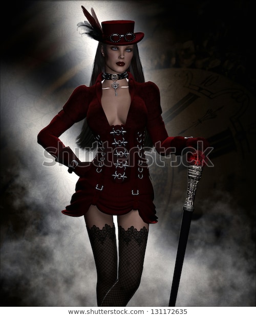 Sexy Steampunk Fashion Woman Dressed Red Stock Illustration 1311726
