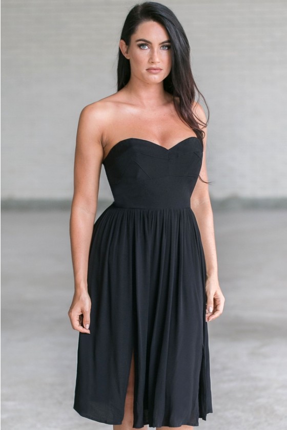 Black Strapless Midi Dress, Cute Black Dress Online, Black .