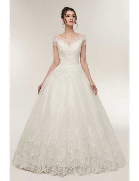 Princess Lace Corset Ball Gown Wedding Dress with Cap Sleeves .