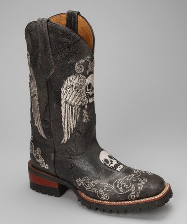 Take a look at this Black Leather C-Toe Skull Western Boot - Women .