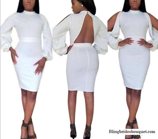 Sexy backless long sleeve night evening club dress White party .