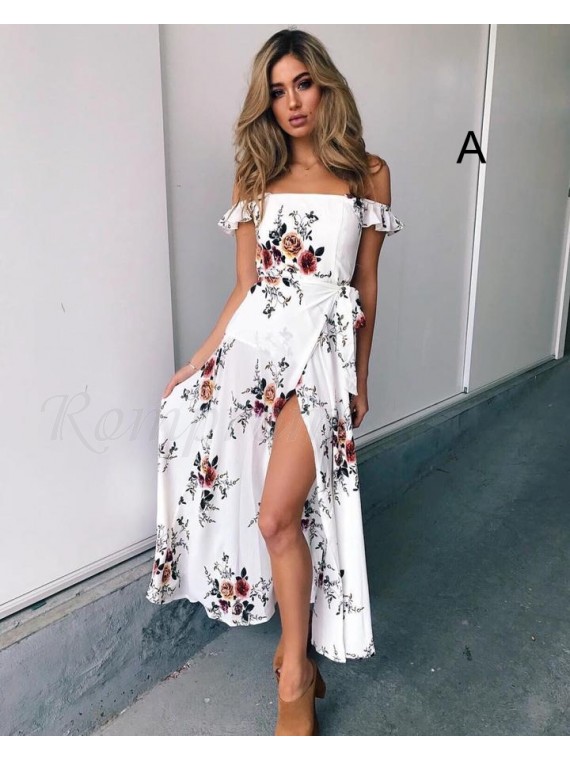 A-Line Off-the-Shoulder Short Sleeves Printed White Prom Dress .