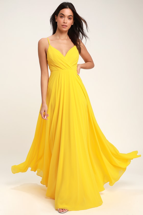 Lovely Yellow Maxi Dress - Yellow Surplice Bridesmaid Dre